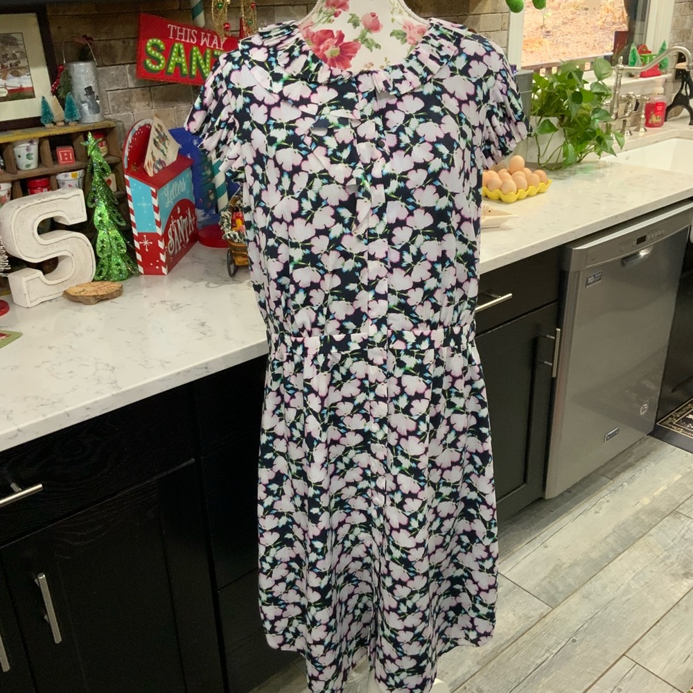 Banana Republic Dress Sz 16 Tall Floral Ruffle Pleated Neck Chiffon Feminine New